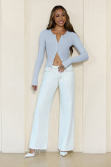 Base Luxe Rib Button Front Long Sleeve Top Blue