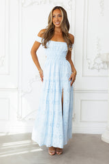 Secrets You Keep Off Shoulder Embroidered Maxi Dress Blue