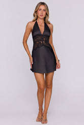 Pretty Season Satin Lace Halter Mini Dress Black