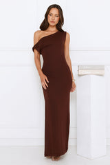 Dark Elegance Off Shoulder Knit Maxi Dress Brown
