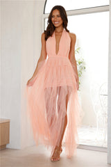 She'S A Winner Tulle Halter Maxi Dress Peach