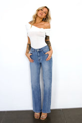 DNM High Rise Straight Leg Denim Jeans Mid Blue