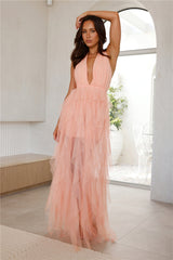 She'S A Winner Tulle Halter Maxi Dress Peach