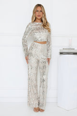 Dazzling Sequin Long Sleeve Backless Pant Set Silver