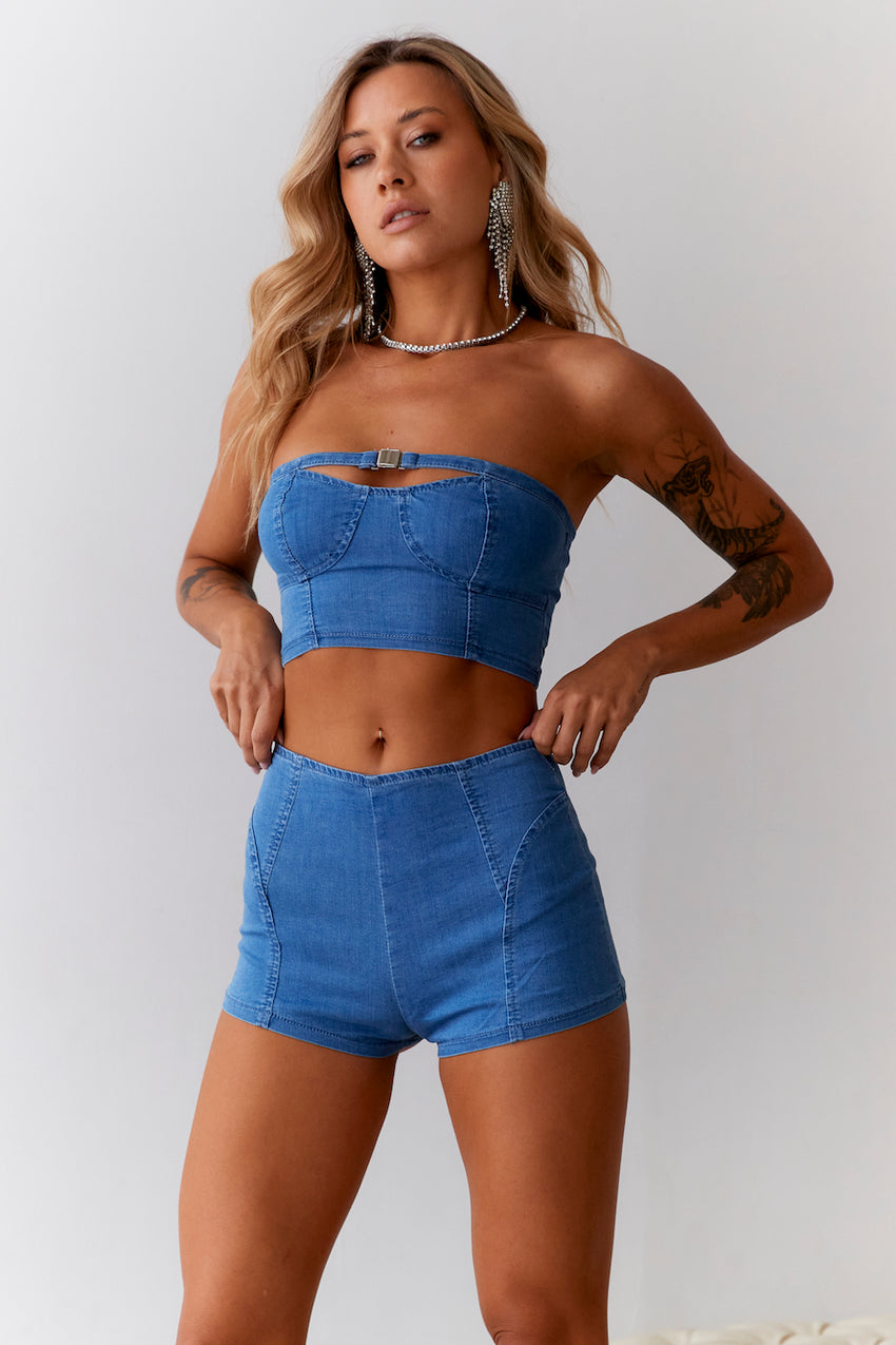  Cheeky Heart Mid Rise Denim Shorts Blue