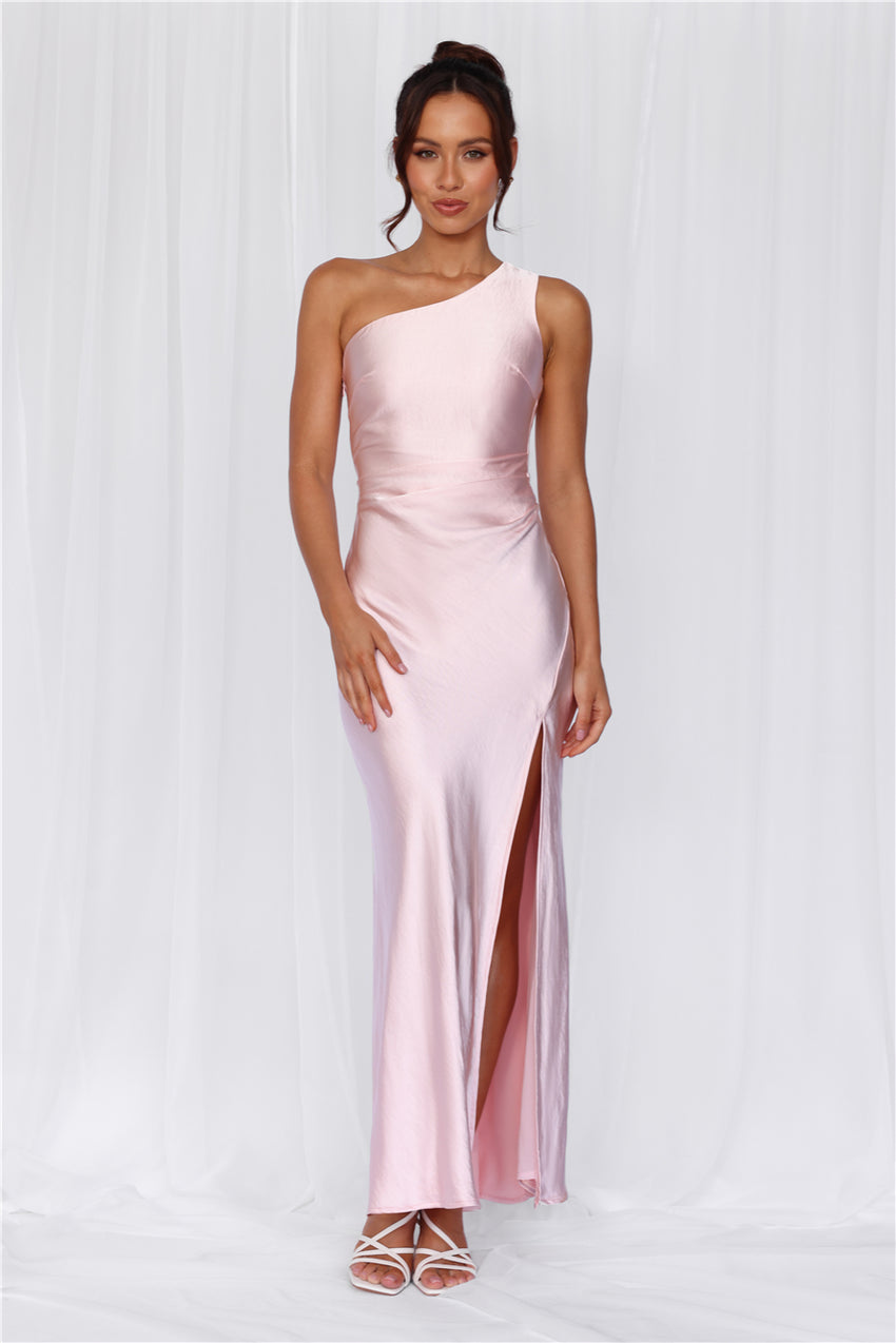  The Aurora One Shoulder Satin Maxi Dress Pink