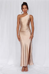 The Aurora One Shoulder Satin Maxi Dress Champagne