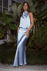 Parties Don'T Stop Satin Maxi Dress Blue